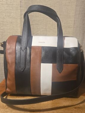 Fossil Tri-Color Patchwork SYDNEY Satchel - Black, Brown & Cream - BNWT